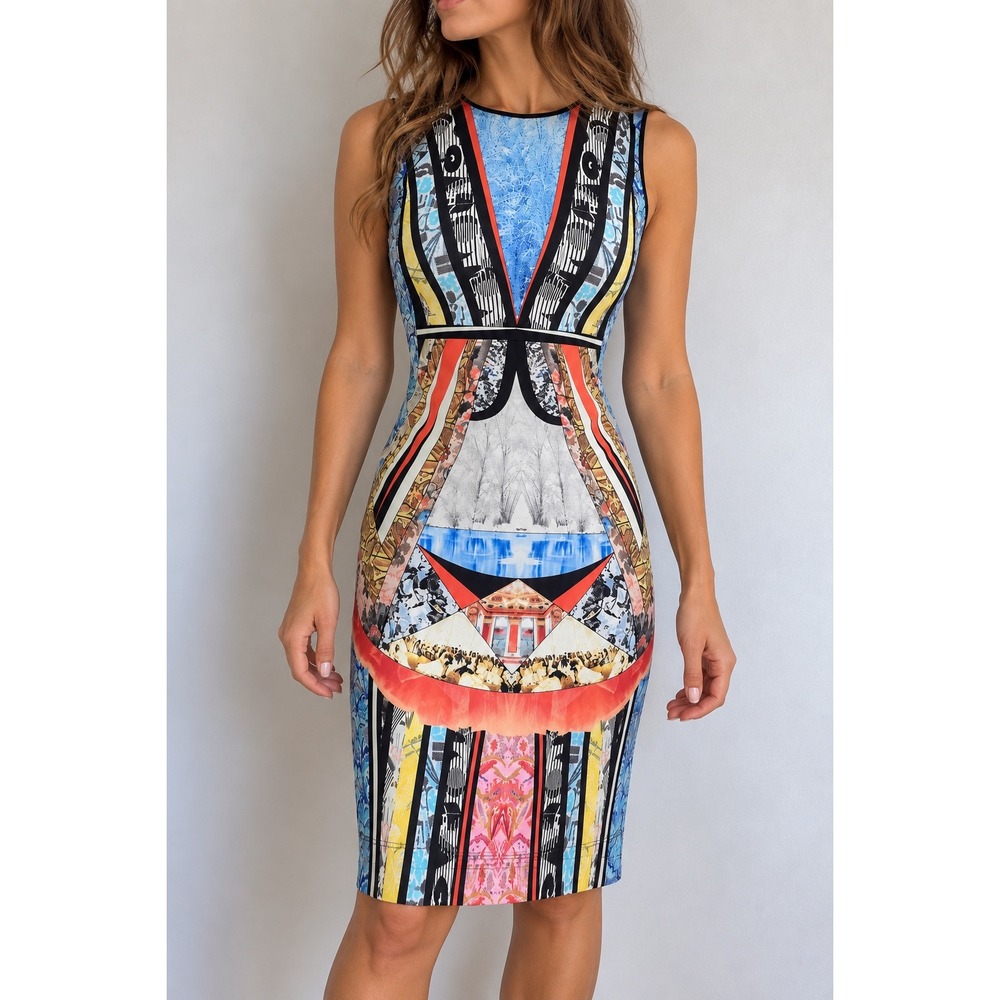 Clover Canyon Multicolor Graphic Neoprene Sheath Dress XS Y2K Maximalist Art
